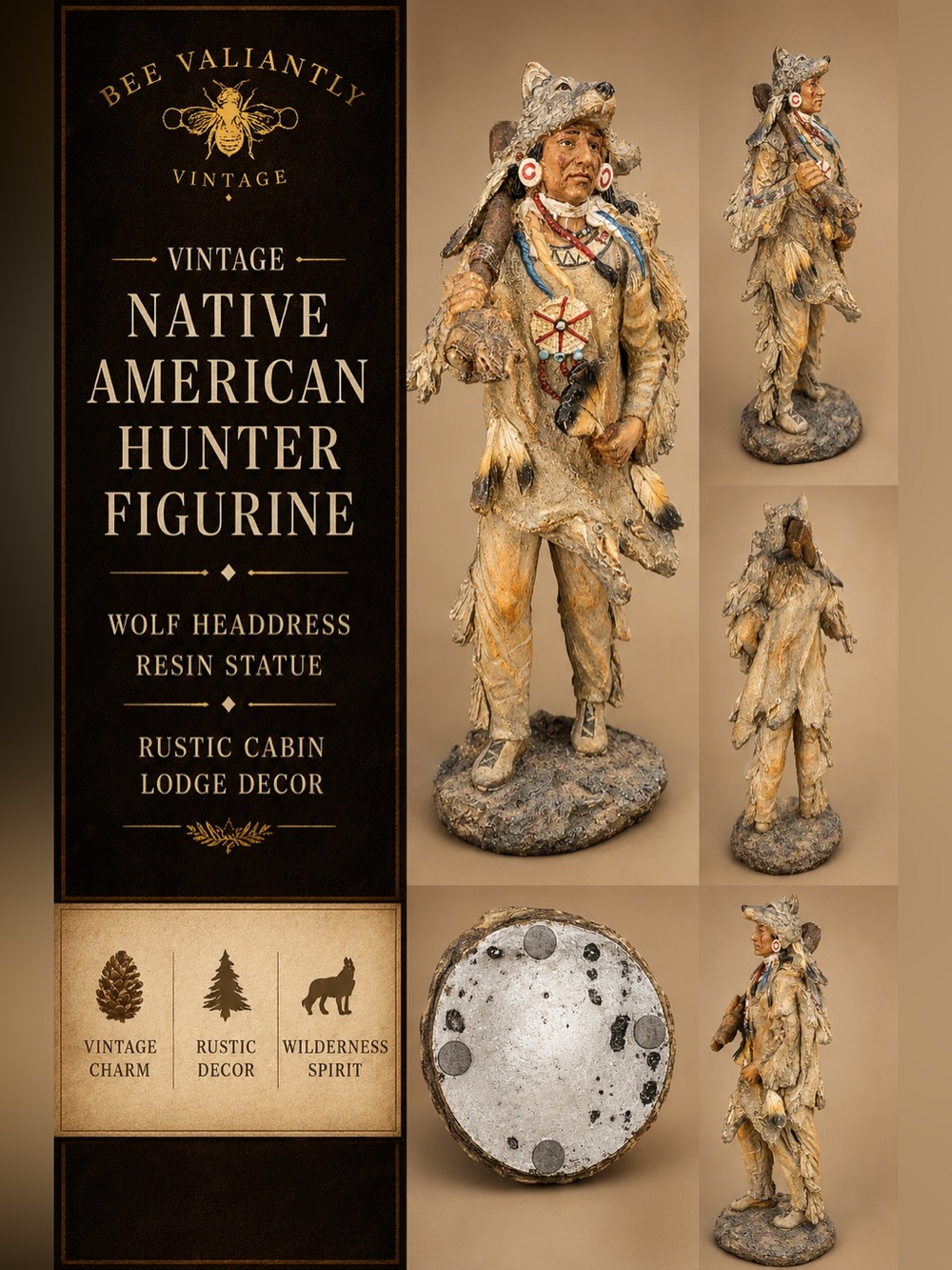 VTG Native American Hunter Figurine | Wolf Headdress Resin Statue |